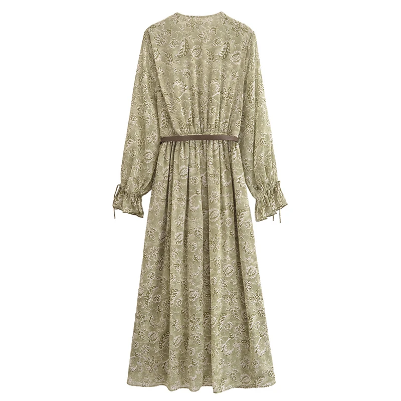 Yenkye 2025 feminino com cinto plissado vestido de impressão manga longa com decote em v cintura elástica a linha midi vestidos elegantes primavera