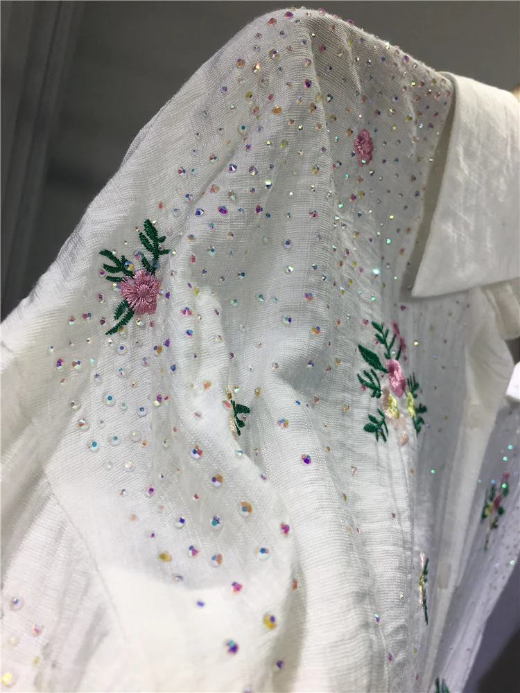 Handmade Embroidered Rhinestone Shirt Women Summer Light Thin Loose Mid-Length Long Sleeve Cardigan Lapel Sun Protection Shirt