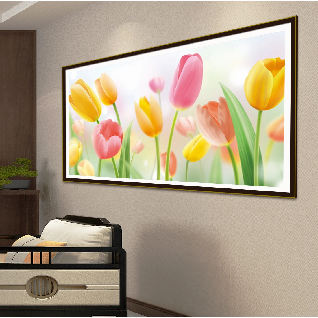 

A Fresh Tulip Cross-Stitch Kit, DIY Handicraft Wall Art, Large Printed Embroidery, Beautiful Blooming Tulip Flowers, Pink and Yellow Flower Wall Art Material Package