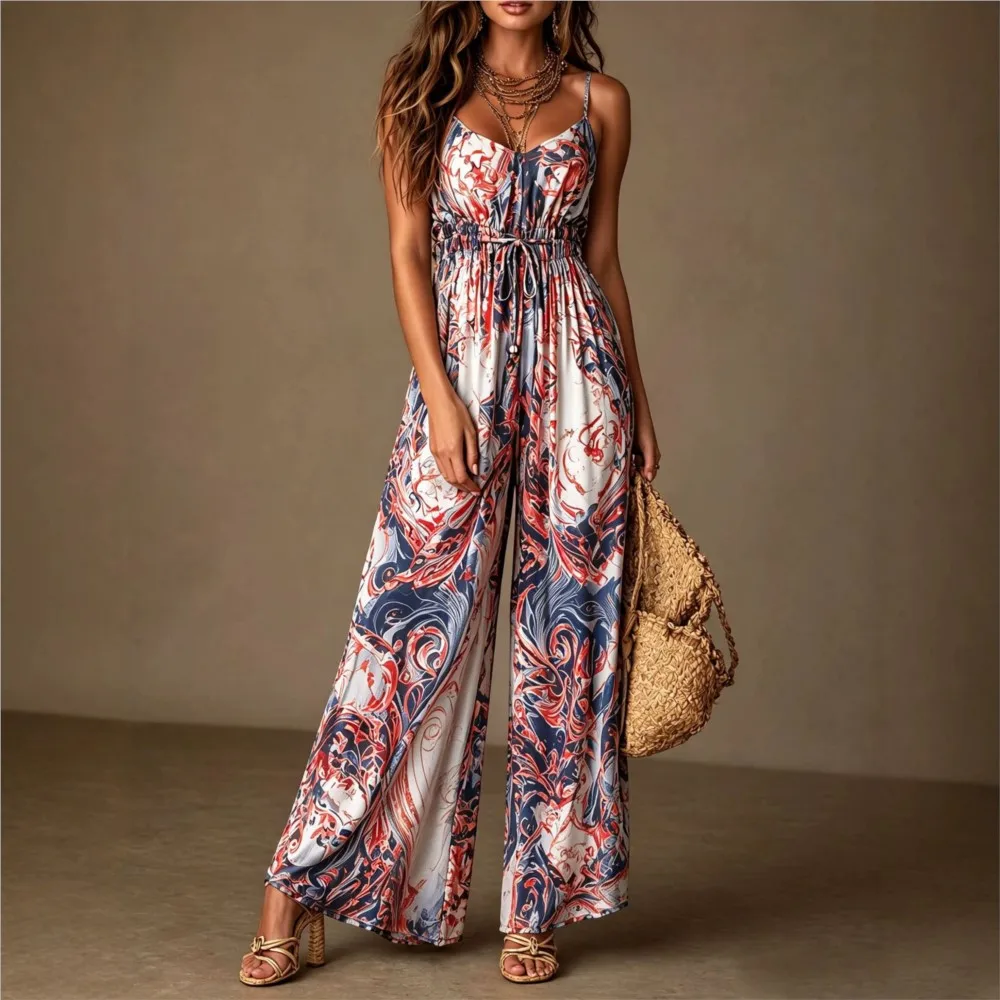 Women Retro Sling Jumpsuit V Neck Drawstring Waist Wide Leg Long Pants Elegant Sleeveless Casual Loose High Waist Trousers
