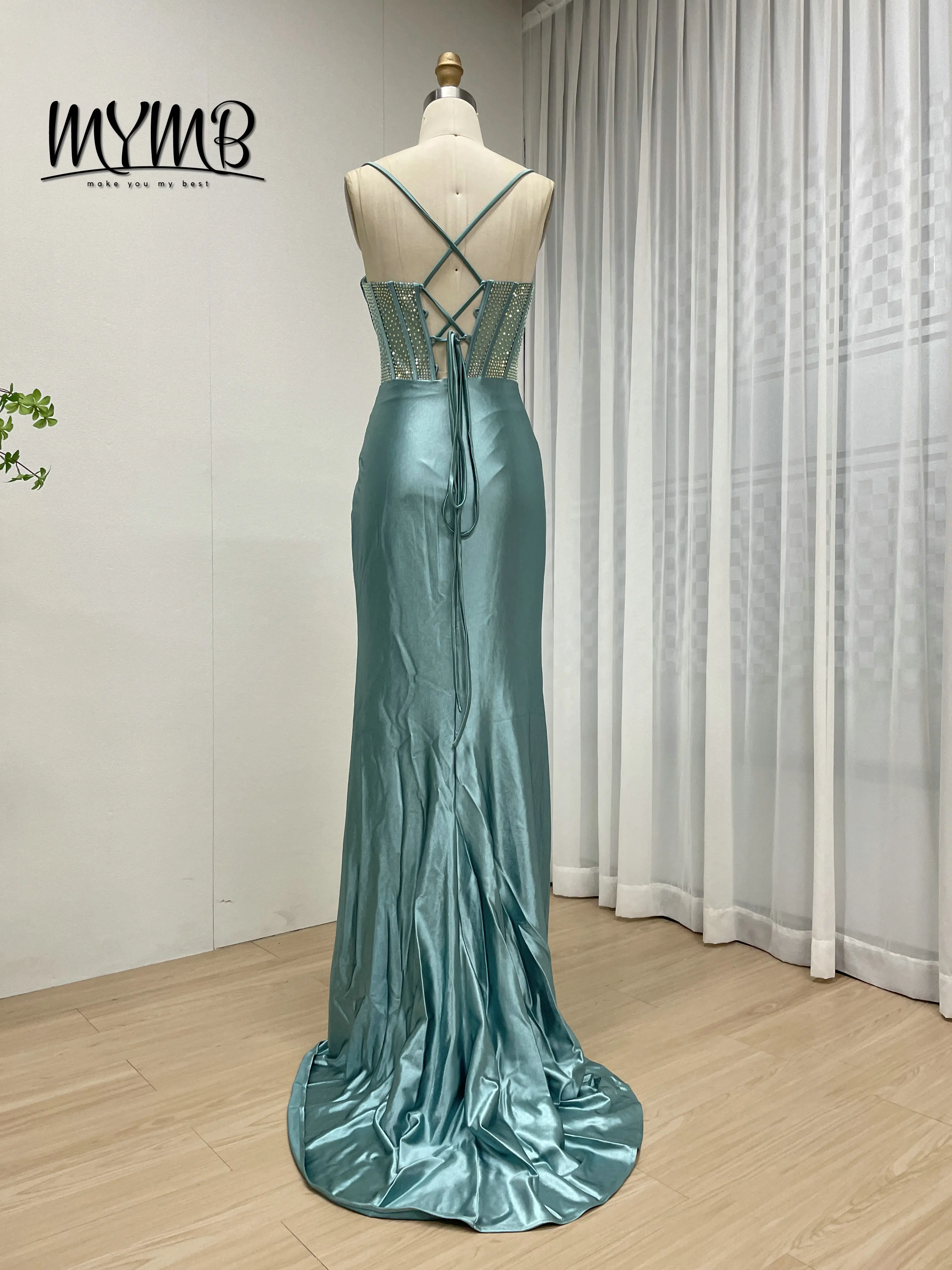 MYMB شيك المألوف الأخضر البريق حبة Ruched الخصر مثير السباغيتي حزام عالية الشق حورية البحر حفلة موسيقية ثوب مسائي للحزب MB40448 #6