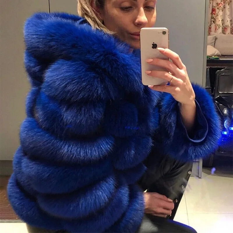 Women Blue Genuine Fox Fur Short Hooded Coat Winter Natural Fur Outwear Jackets genuine fur coats thickened warmth fluffy