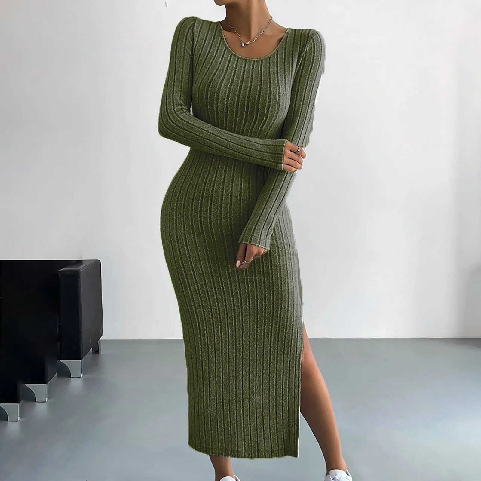 Female Autumn Winter Knit Dresses Casual Elegant Stretchy Long Sleeved Slim Vintage Fashion Dress Robe Women Vestidosr Clothing