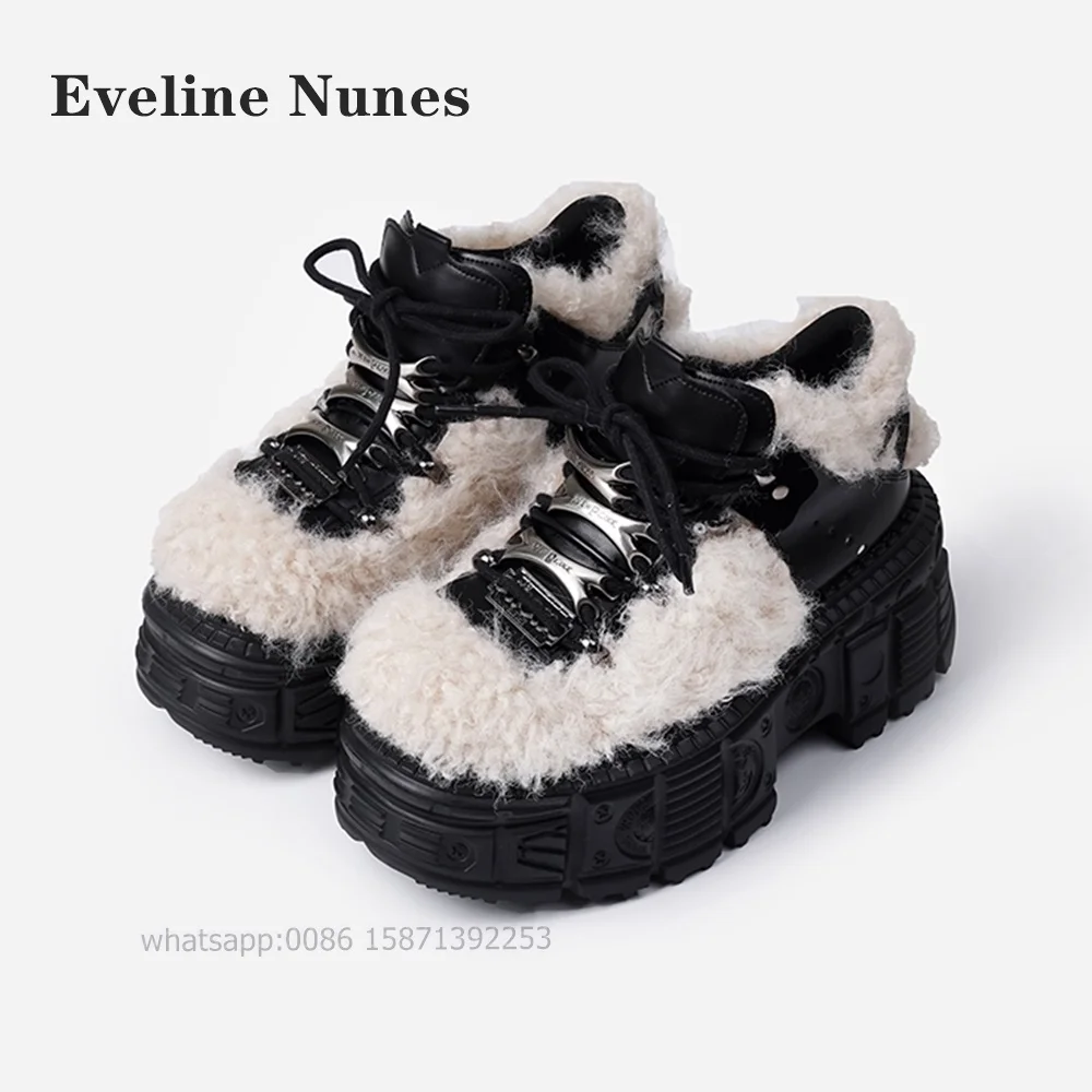 

Fur Metal Decoration Platform Pumps Round Toe Tank Soled Cross Tied Women Pantshoes Patchwork Height Increasing Punk Retro Shoes