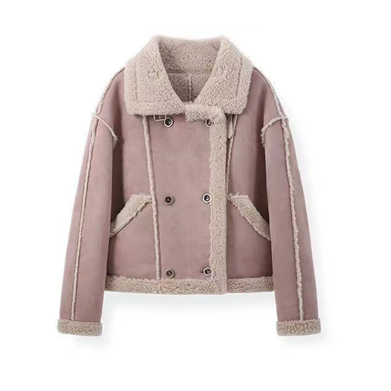 Sheep Wool Coats Double Breasted Long Sleeve Jacket Stand Collar Loose Fit Outerwear Spliced Solid Pockets Streetwear Autumn
