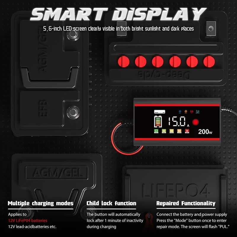

12V15A 200W умное автомобильное зарядное устройство для аккумулятора автомобиля и мотоцикла зарядка аккумулятора 12V LiFePO4 свинцово-кислотный аккумулятор ремонт ЖК-дисплей (Великобритания)-ELEC