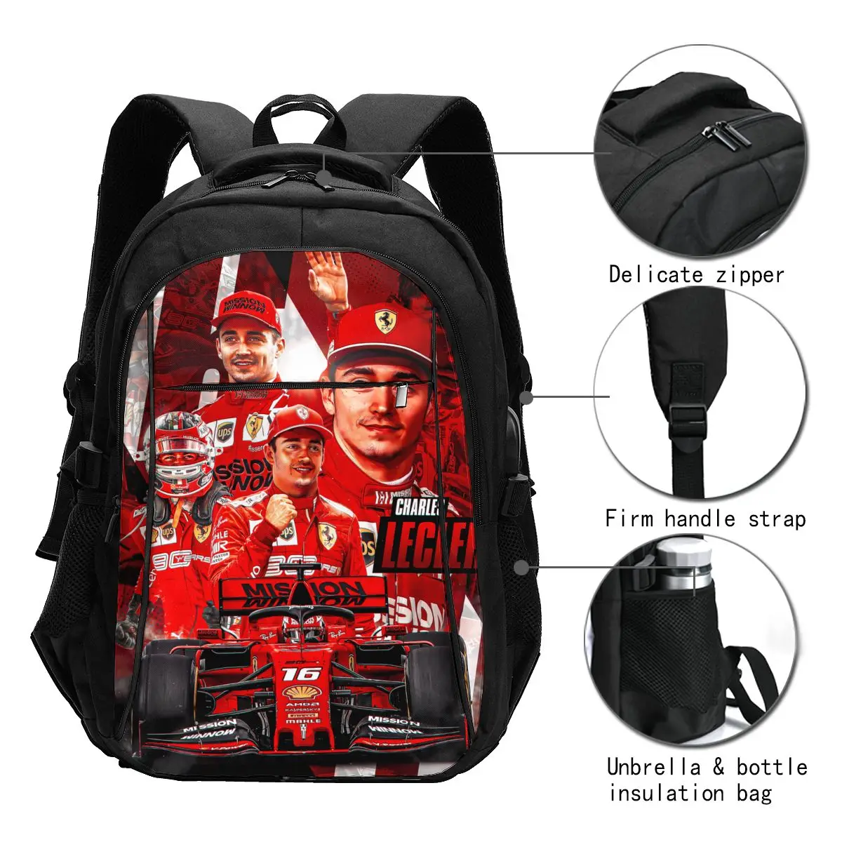 Charles Leclerc-mochila de viaje para ordenador portátil, morral resistente al agua para negocios con puerto de carga USB, bolsa universitaria, 16 unidades