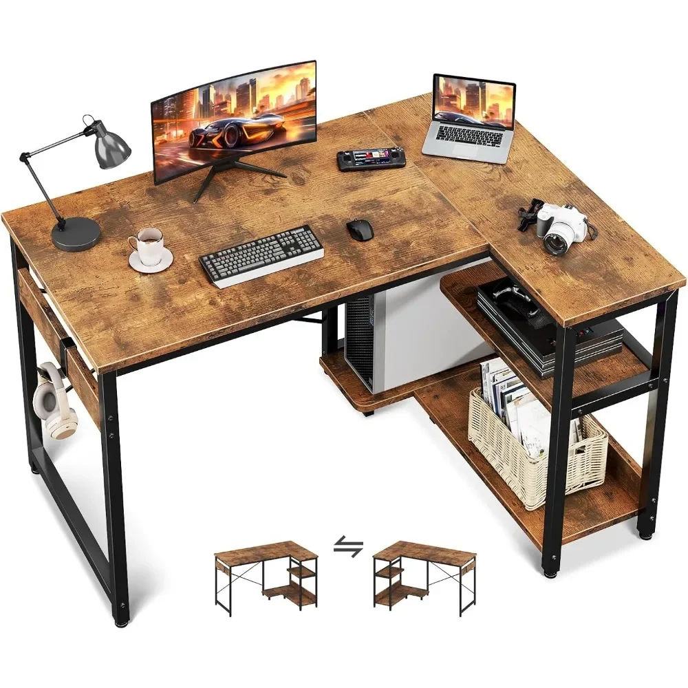 Kompaktowe biurko narożne o przekątnej 40 cali z miejscem do przechowywania i podstawką na komputer, idealne do małych przestrzeni i do gier