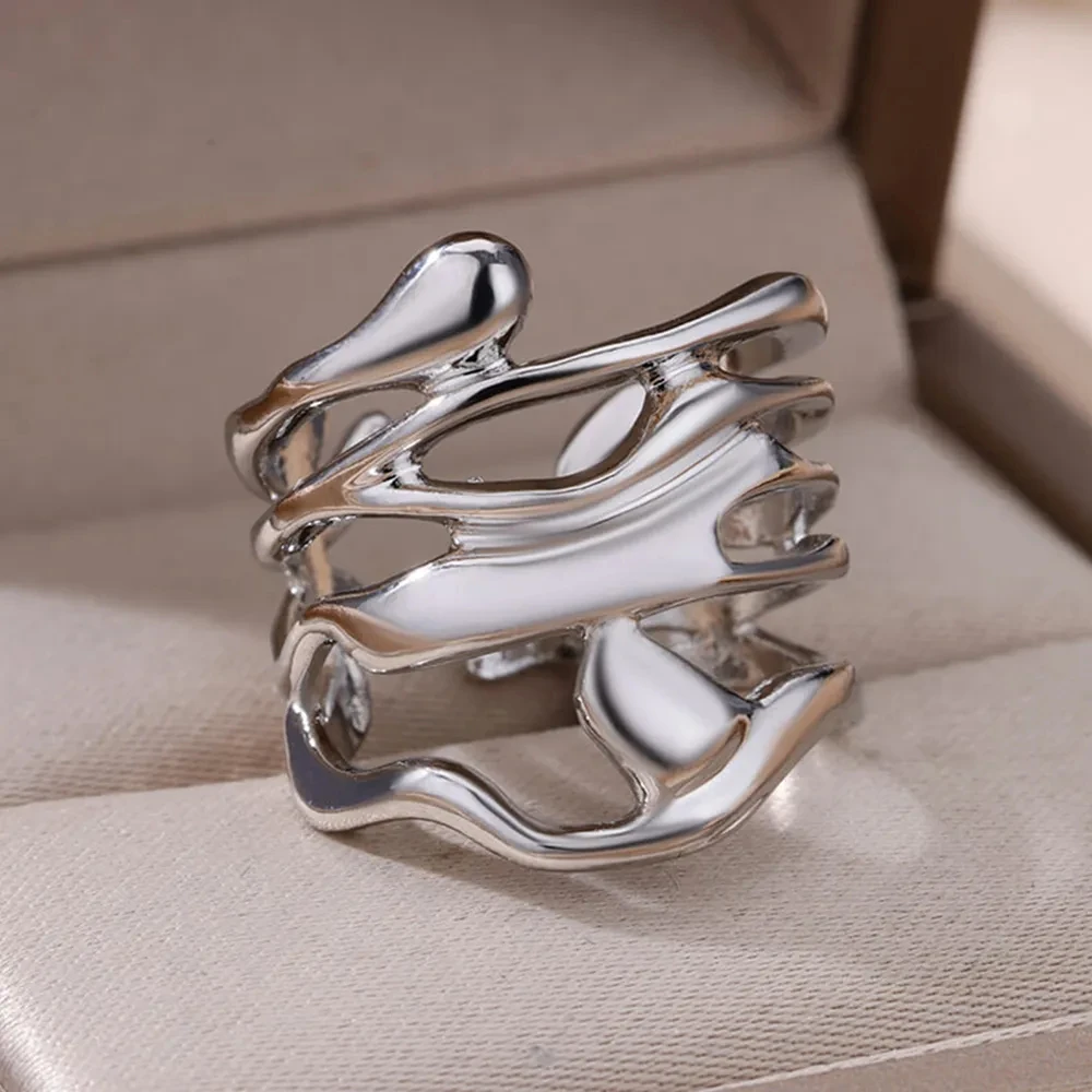 Stainless Steel Rings For Women Men Gold Color Hollow Wide Ring Female Male Party Finger Jewelry Gift 2024 Trend Free Shipping