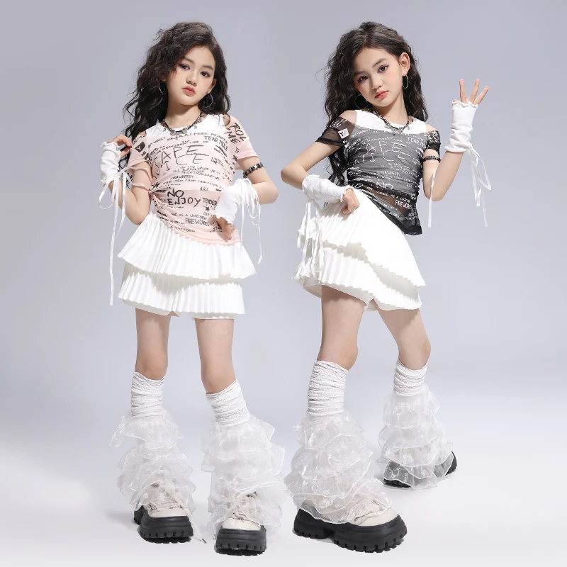 Hip Hop Girls K-pop Mesh Crop Top Shirt Street Dance Tiered Skirts Kids Streetwear Child Jazz Costume Girl Group Clothes Sets