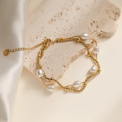 2025 New Hot Gold Color Double Layers Pearl Bracelet For Women Stainless Steel Party Jewelry