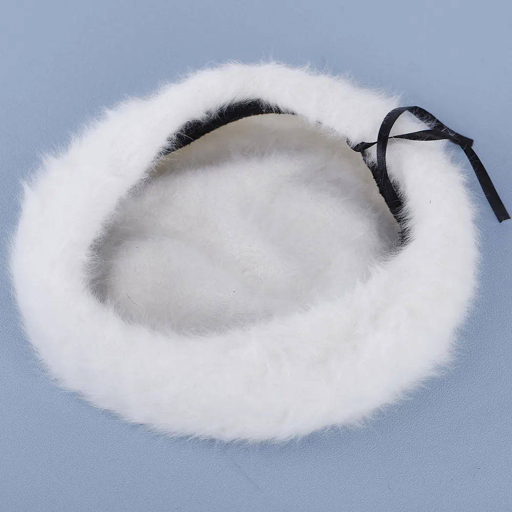 2022 New Fluffy soft Women rabbit \'s hair Berets French Artist Style Warm Winter Beanie Hat  Beret Solid Color Elegant Lady