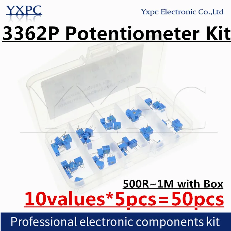 10values*5pcs=50pcs 3362P Multiturn trimming potentiometers kit 500 ohm-1M ohm 3362 Potentiometer  1K 2K 5K 10K 20K 103 104