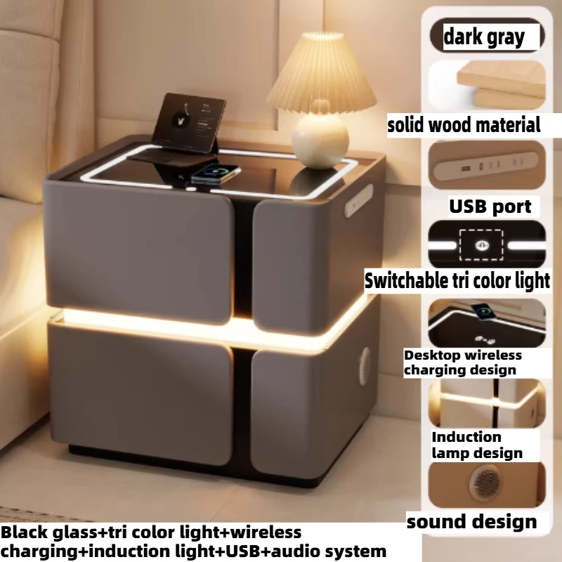 Wooden Three Color Light Nightstands Charging Station Mid-century Bedside Table USB Speaker Storage Locker Bedroom Furniture