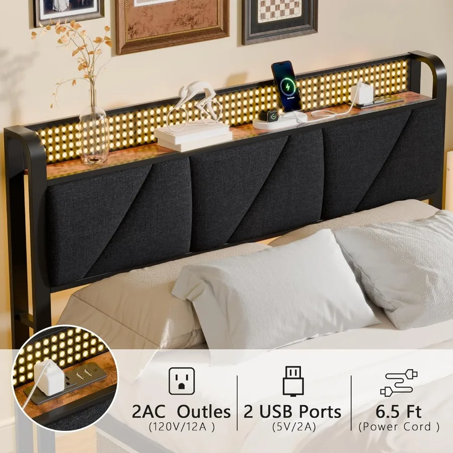 Queen Size Upholstered Metal Bed Frame with Headboard and LED Lights Charging Station and USB Port No Box Spring Needed Noise-F