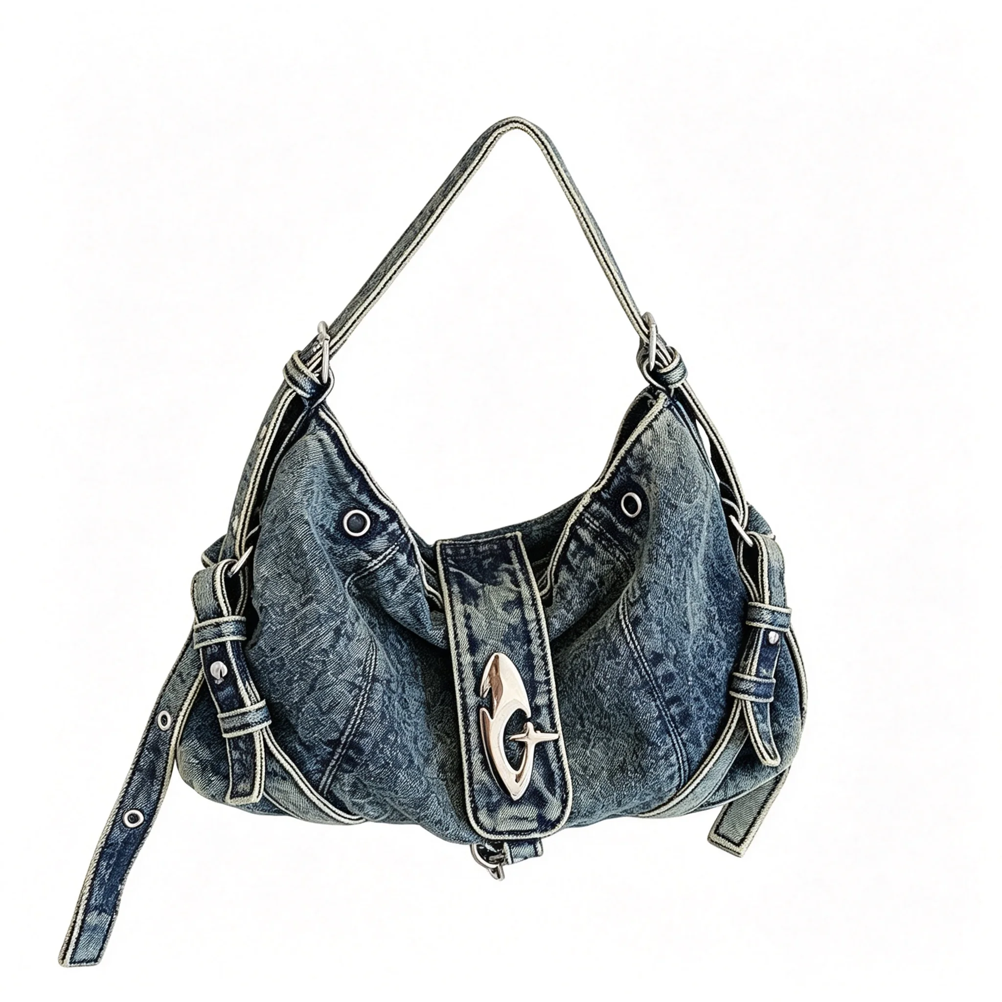 Blue Black Washed Denim Hobo Bag Y2K Vintage Western Large Capacity Motorcycle Crossbody Underarm Shoulder Bag Fringe for Women