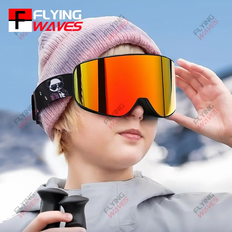 Kids Full REVO Coating OTG Ski Goggles Double-Layer Lens Anti-Fog Windproof UV Protection Snowboard Snow Glasses for Girls Boys
