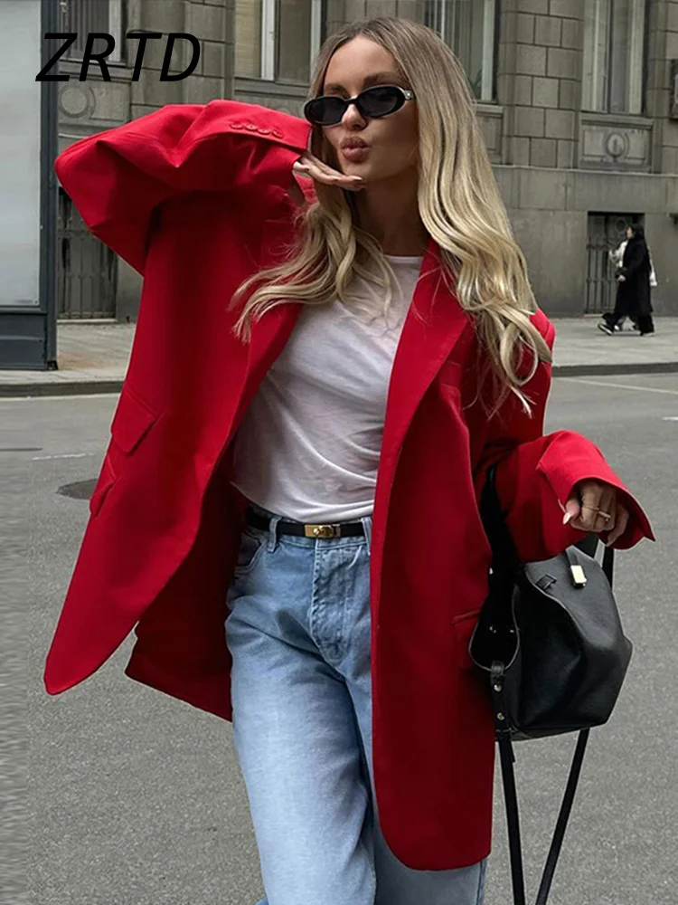 Casual Red Oversize Jacket Women Loose Lapel Long Sleeve Single Breasted Pockets Coat 2024 Autumn Lady High Street Outerwear