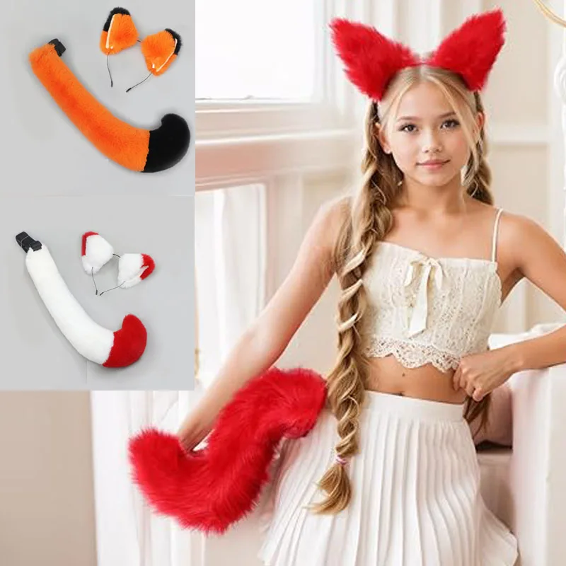 

Набор лисьих ушей и хвоста, красный пушистый искусственный мех, волк и повязка на голову, милый костюм животного, косплей на Хэллоуин