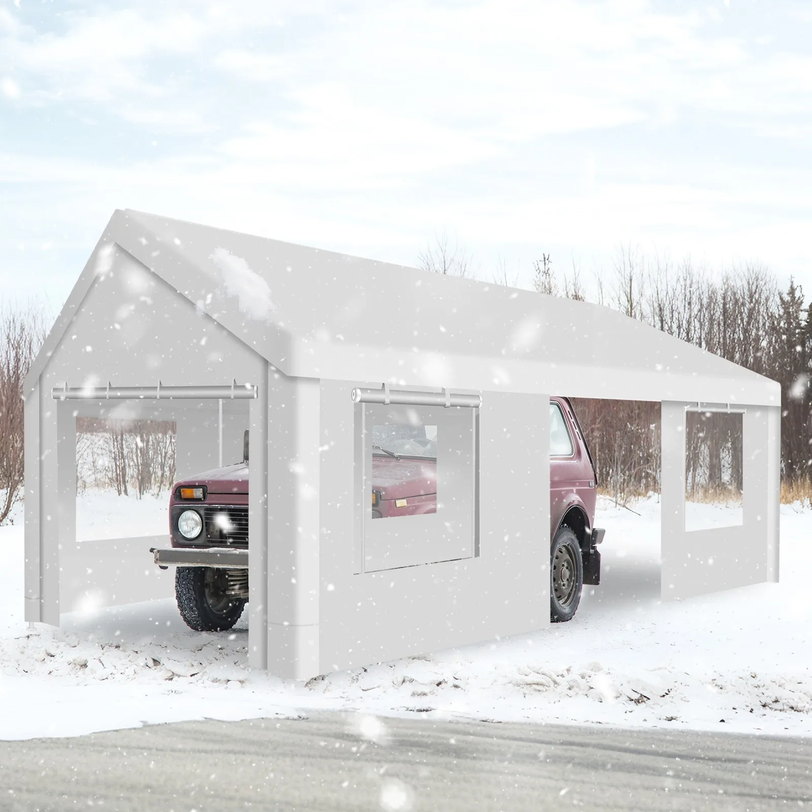 

Навес для автомобиля 12x20 футов, усиленный, с боковыми стенками, для улицы, большой гараж, белый