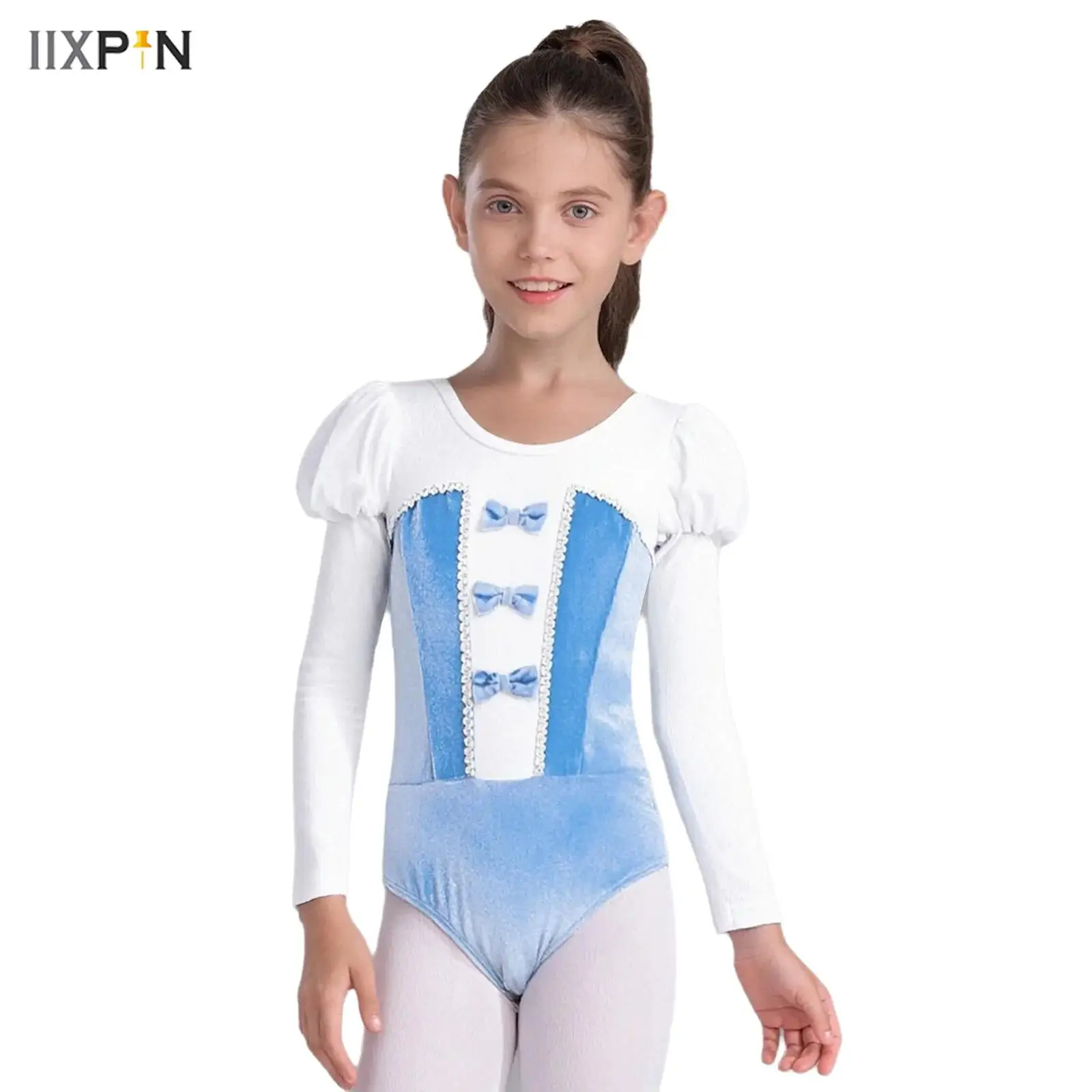 

Kids Girls Bowknot Ballet Dance Leotard Round Neck Puff Long Sleeves Velvet Patchwork Color Block Bodysuit Ballet Dancewear