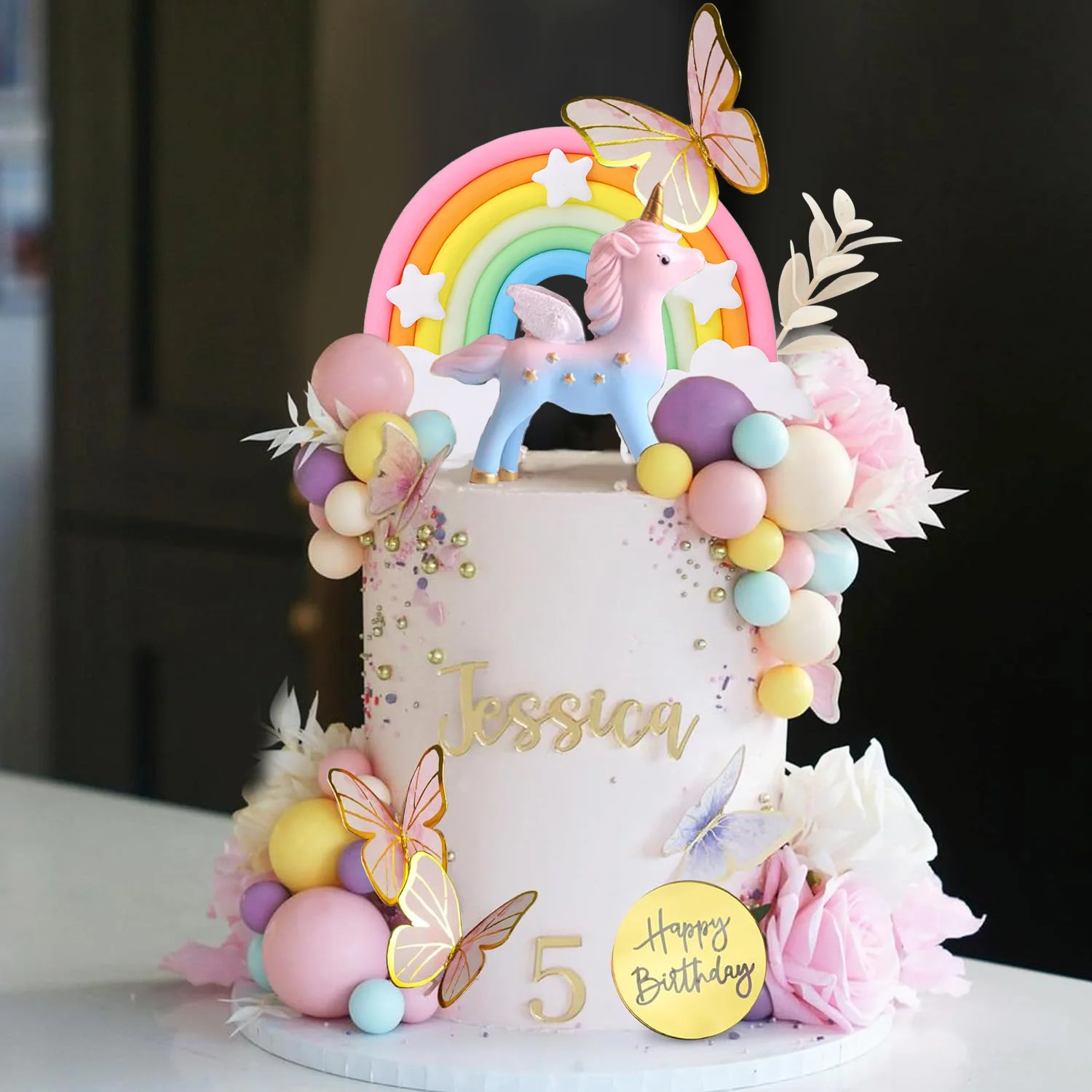 47PCS Unicorn  Rainbow Cake Topper Unicorn with Rainbow Butterflies Unicorn Balls Happy Birthday Cake Decorations for Party