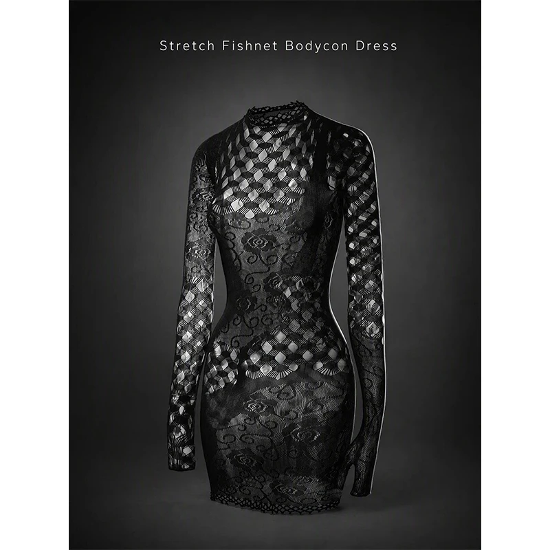 Hollow Out Fishnet Beach Cover Up Bodycon Dress, Sheer Mesh Festival Swimwear for Women Summer