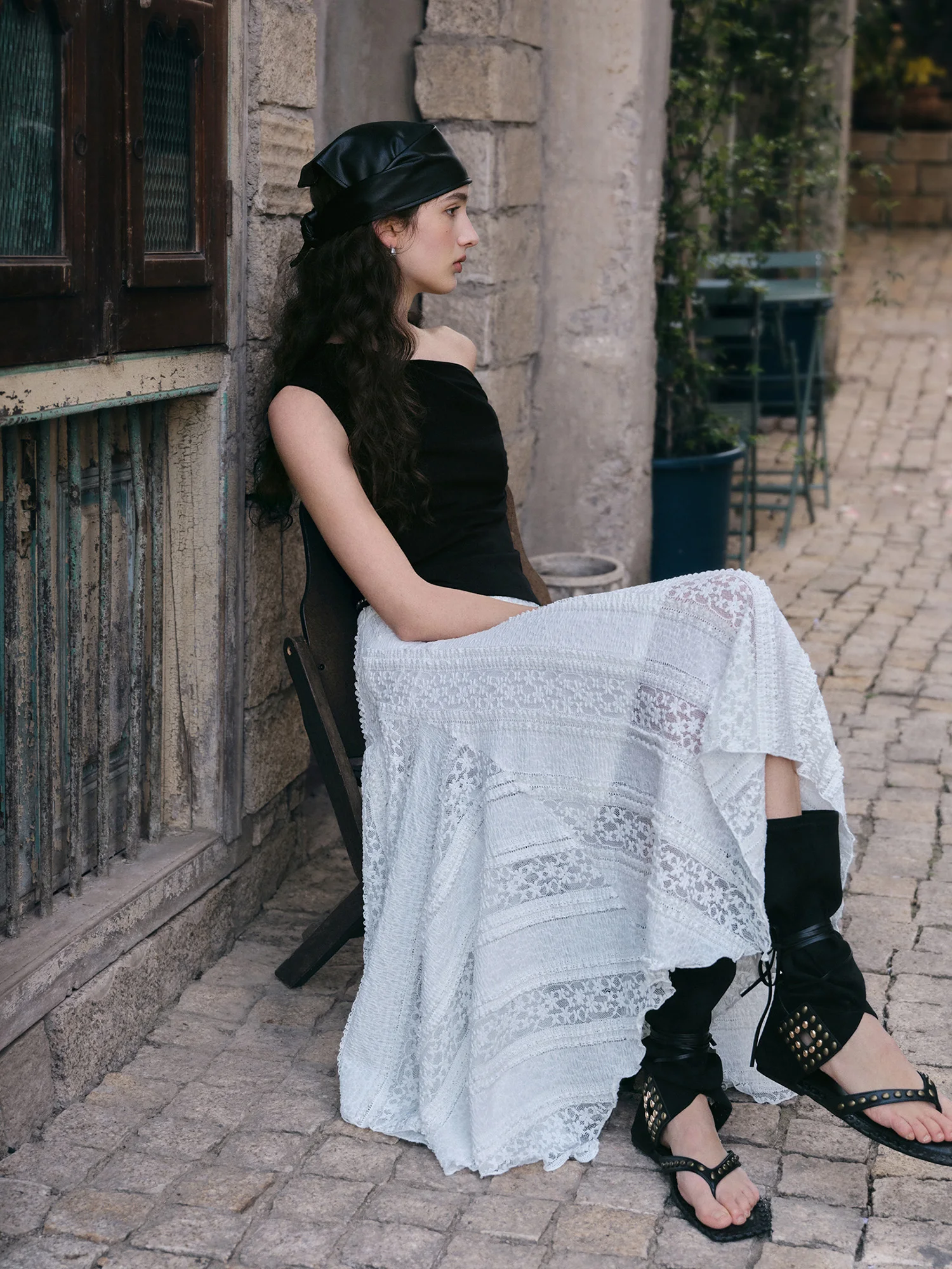 Women's Bias Cut Lace Panel Midi Skirt, Asymmetric Patchwork Hem
