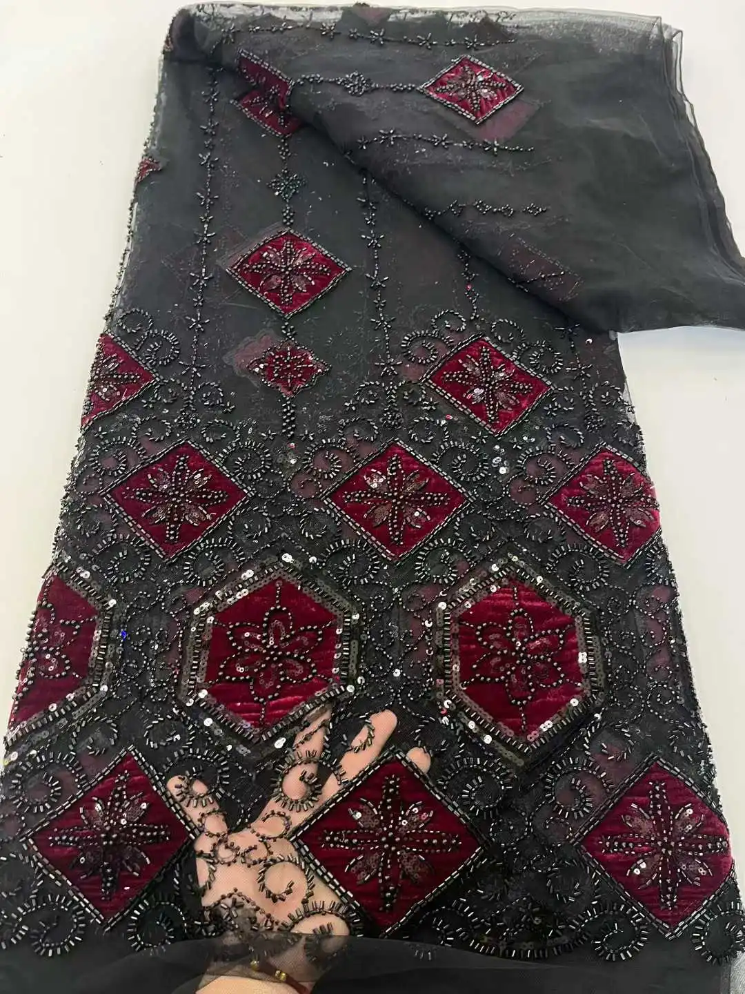 2025 Luxury Purple French Embroidery Velvet Beaded Lace Fabric Sequins Lace Fabrics for Wedding Party Dress Sewing 5Yards AH1392