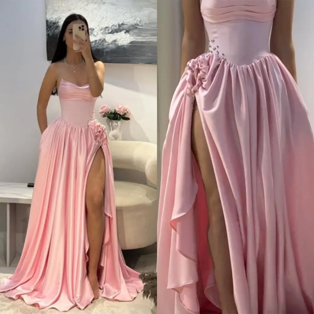 

High Quality Customized Floor Length High Fork Strapless Sleeveless Pleat Sweep Train Beaded Vestido De Festa De Casamento 원피스