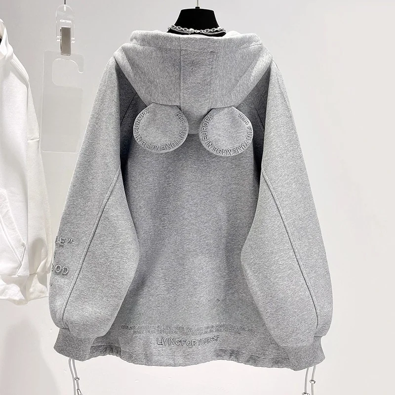 Jaqueta Feminina de Moletom com Capuz Grosso Qingdao Jimo, Estilo Coreano, Com Zíper e Punhos, Comprimento Médio, Outono Inverno