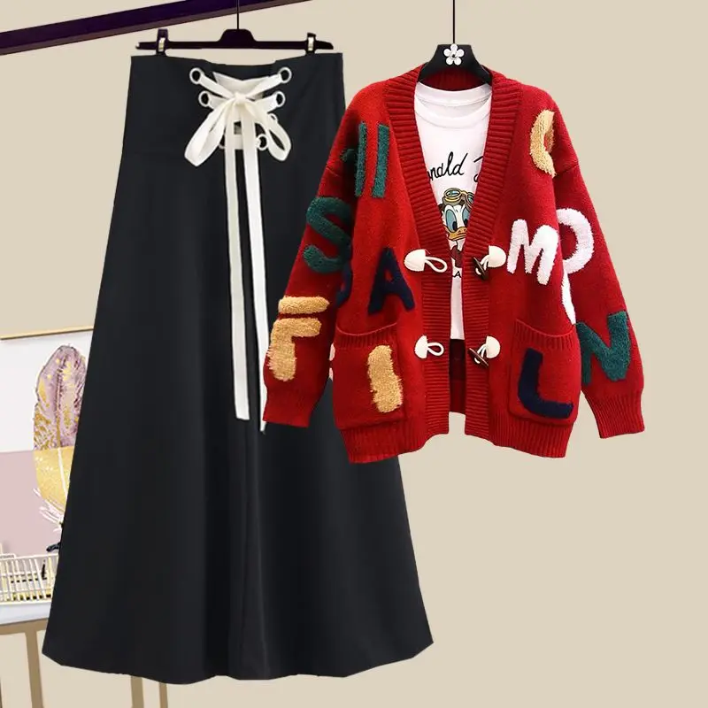 Autumn and Winter Women's New Korean Edition Red Knitted Cardigan Versatile Slimming Half Body Skirt Two Piece Set Trendy