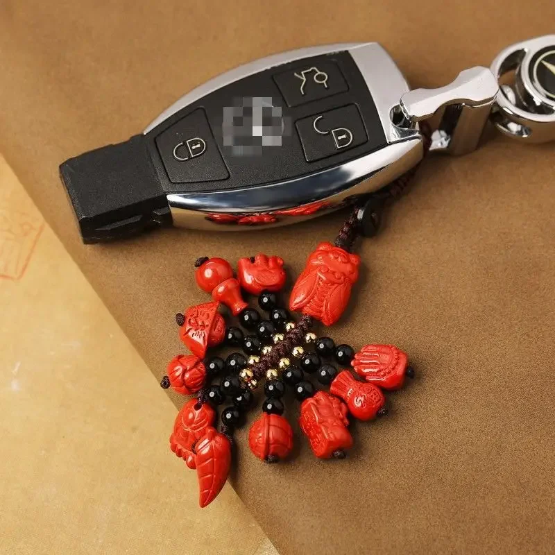 Lucky Keychain: Ox Year Natural Cinnabar Keychain with Auspicious Blessings Pendant and Bag Hook