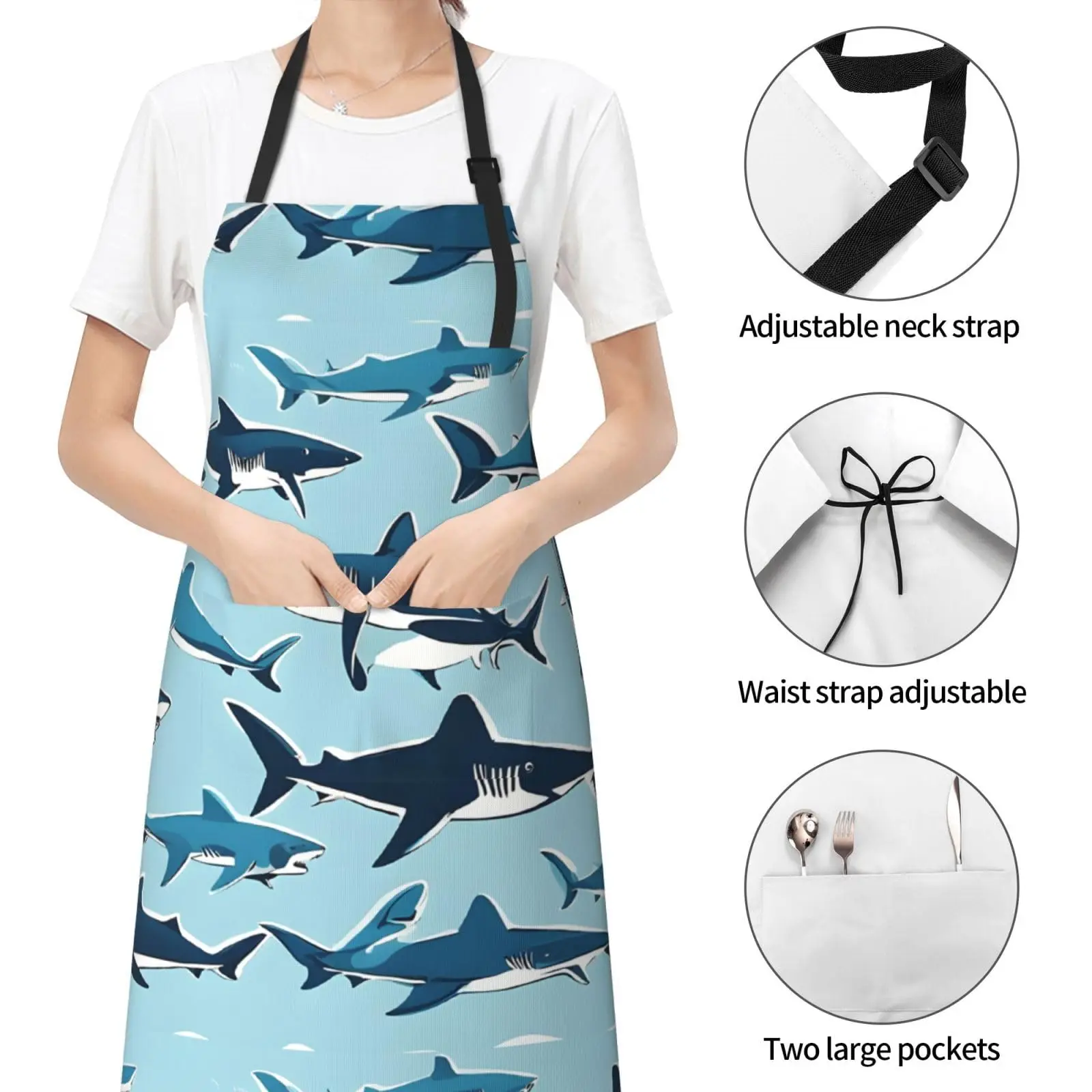 Blue Cartoon Shark Print Aprons For Women,Adjustable Chef'S Apron With Pockets Aprons For Women Men Kitchen, Cooking, Garden