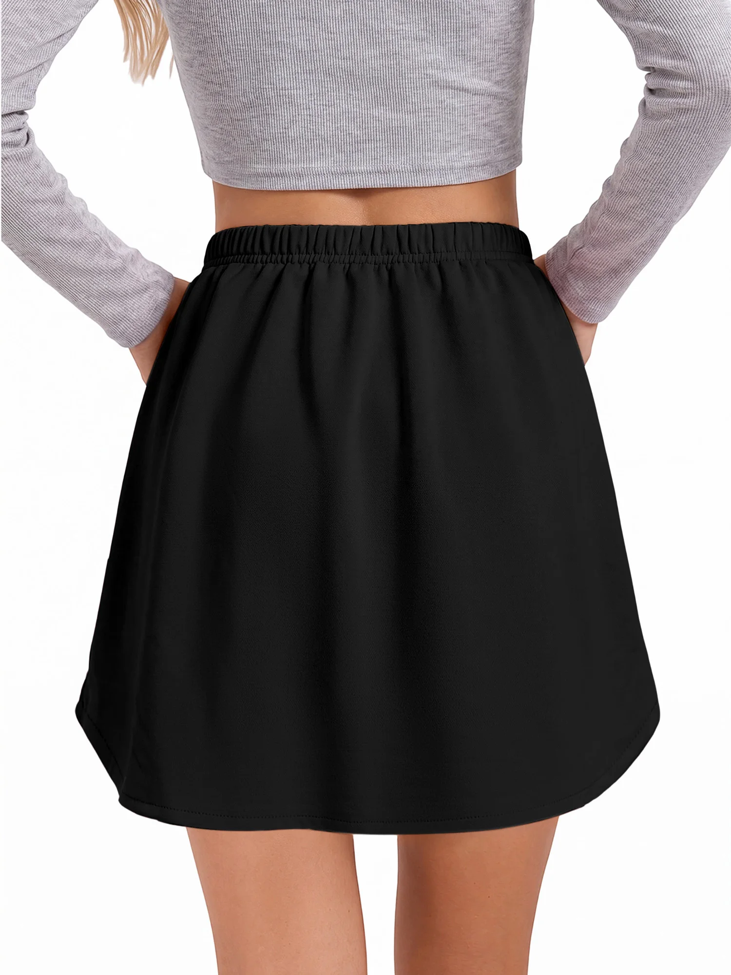 Ladies Solid Black Curved Hem Mini Skirt Elastic Waist Comfort Casual Skirt For Daily Stroll And Gathering