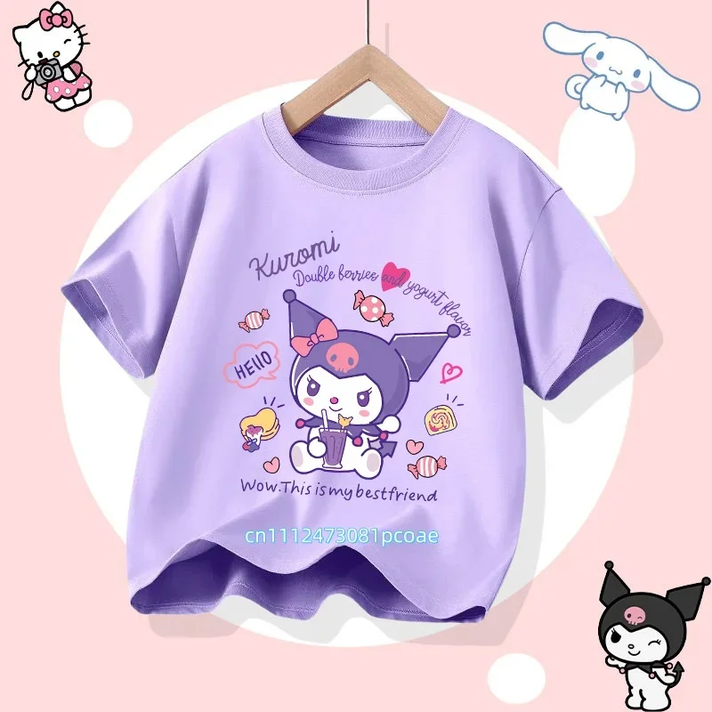 Kuromi Children's Pure Cotton Short-Sleeved Girls' Casual Shirt - Summer T-Shirt with Cartoon Print- Three Little Monkeys Series