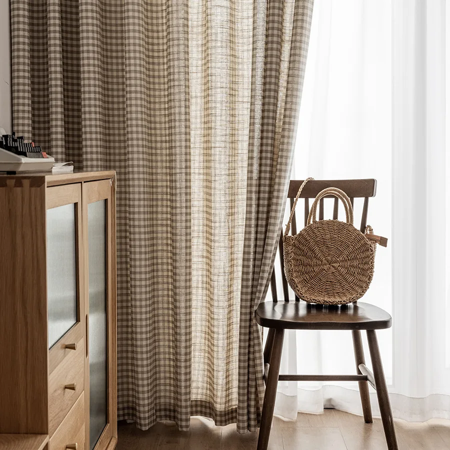 Japanese Style Log Style Fresh Pastoral Literary Plaid Cotton and Linen Jacquard Light Filter Decorative Curtains Living Room