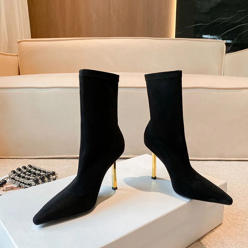 2025 Autumn Winter Elastic Faux Suede Women Ankle Boots Fashion Metal Gold Thin High heels Slim Chelsea Sock Boots Shoes Booties