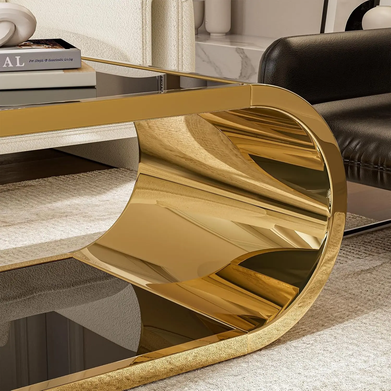 Coffee Table, Modern Coffee Table for Living Room, 2-Tier Glass Top with Large Space Fashion Design