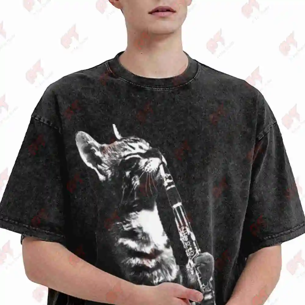 Cat Playing Clarinet Musician Woodwind Vintage Washed Tee Pure Cotton T-Shirt