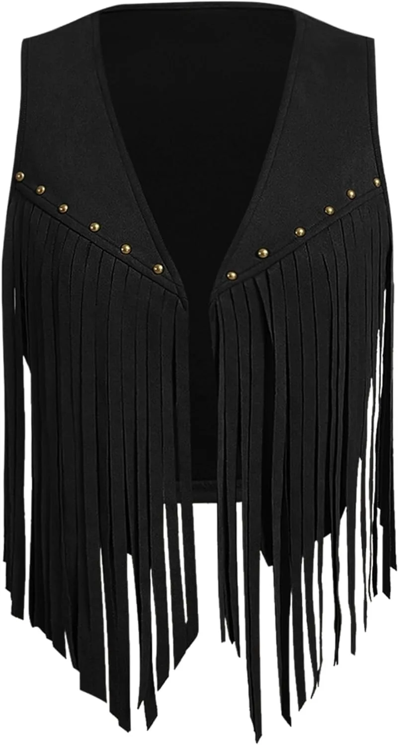 Women's Suede Crop Vest Solid Color Rivet Sleeveless V-Neck Open Front Tassel Hem Cardigan