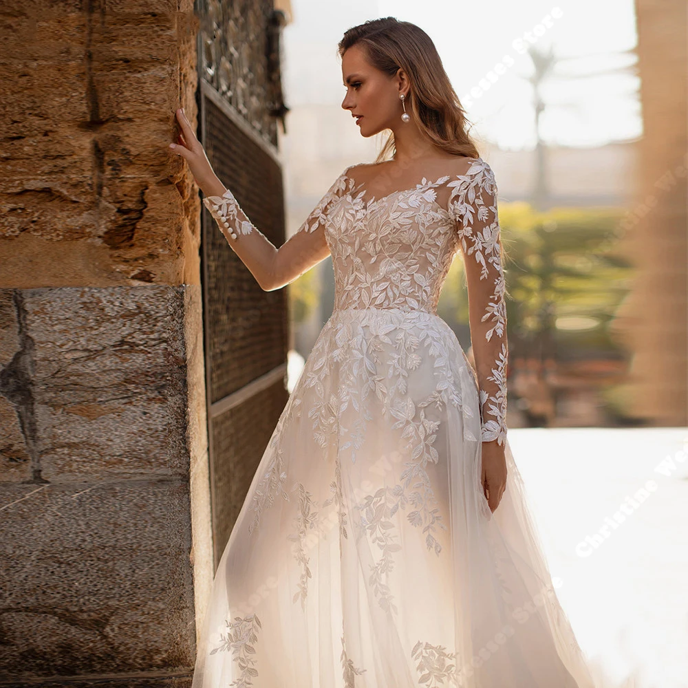 Lange Ärmel Brautkleider für Frauen neue Spitze Aufkleber Brautkleider elegante Wisch länge Bohemian Lady Vestidos de Novia