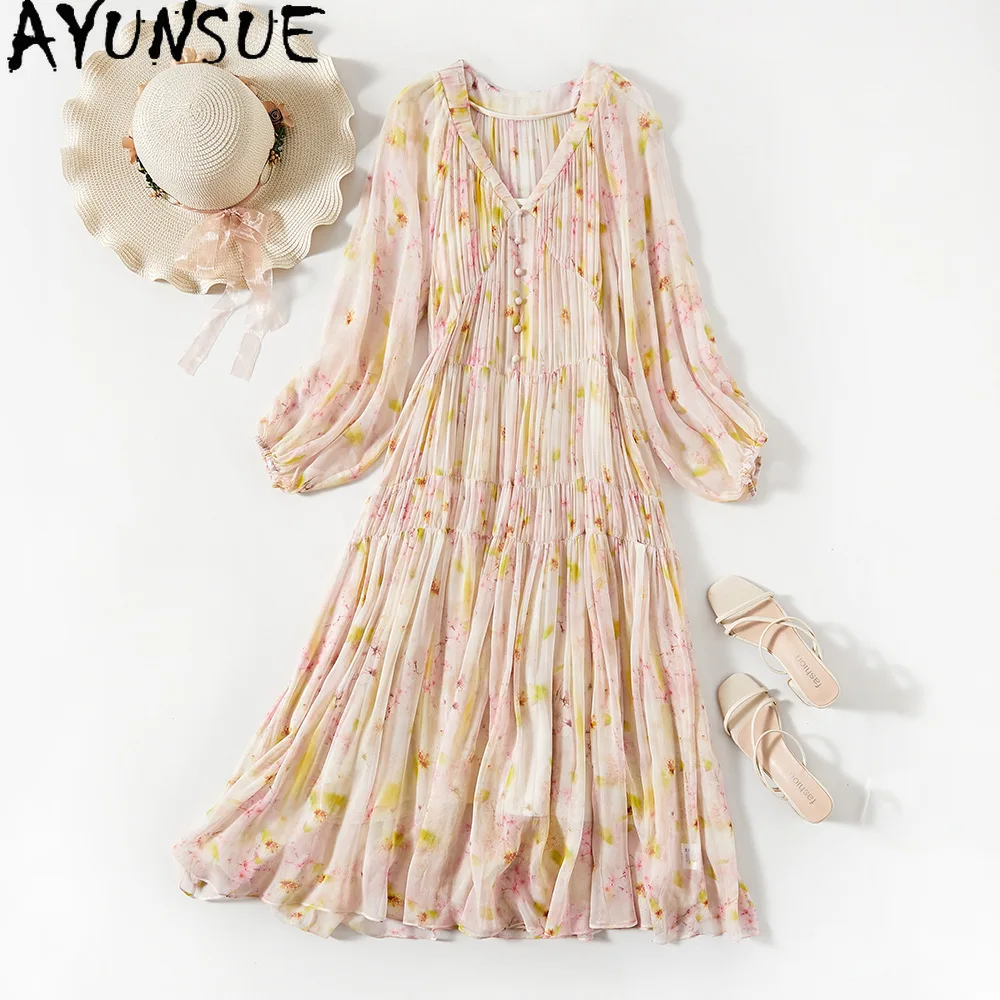 

AYUNSUE 100% Mulberry Silk Women's Dresses V-Neck Long Dresses for Woman Clothes 2025 Summer Two-piece Set Vestidos De Mujer