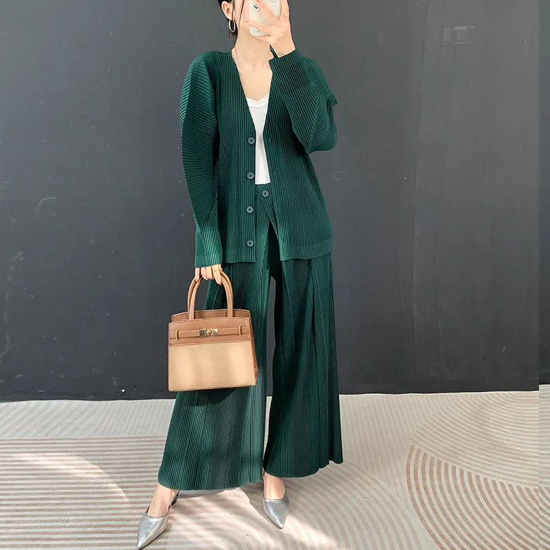 Miyake Women Solid Color Pleated 2-piece Loose Button Jacket+wide Leg Pants Casual Soft Elastic Fabric Suitable Daily Wear