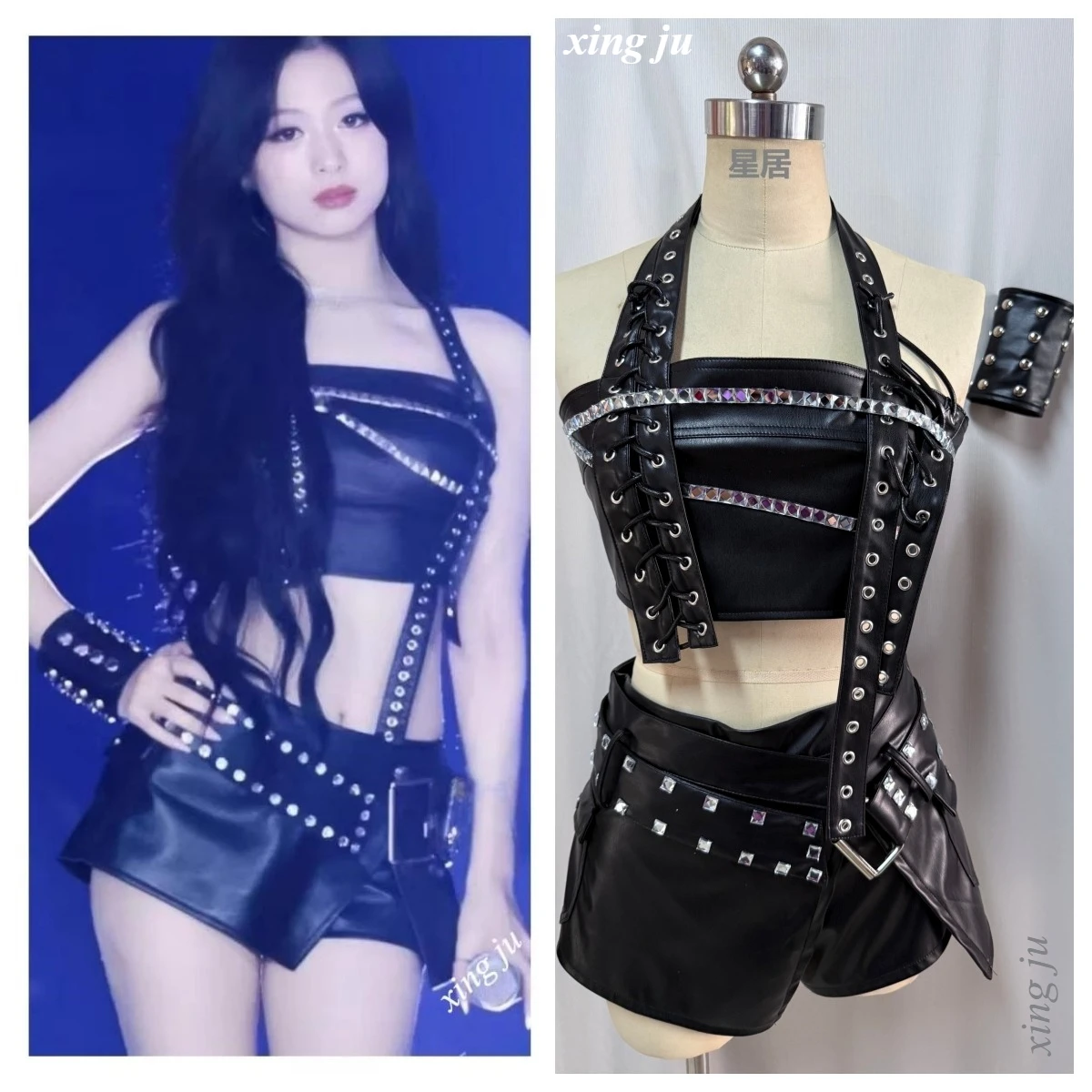 

Kpop Korean Singer Concert Black Sling PU Tops Sexy Slit Skirt Tight Shorts Women Hip Hop Outfits DJ Jazz Dance Stage Costumes
