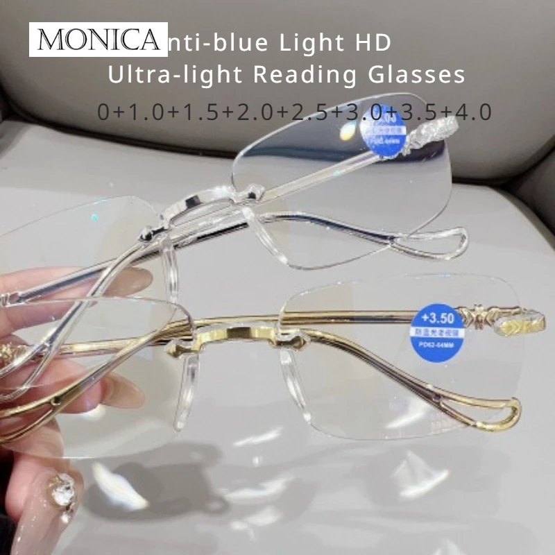 Rimless Rectangle  Metal  Diamond-cut Presbyopia Glasses Anti-blue Light HD Ultra-light Reading Glasses for Elderly Eyewear