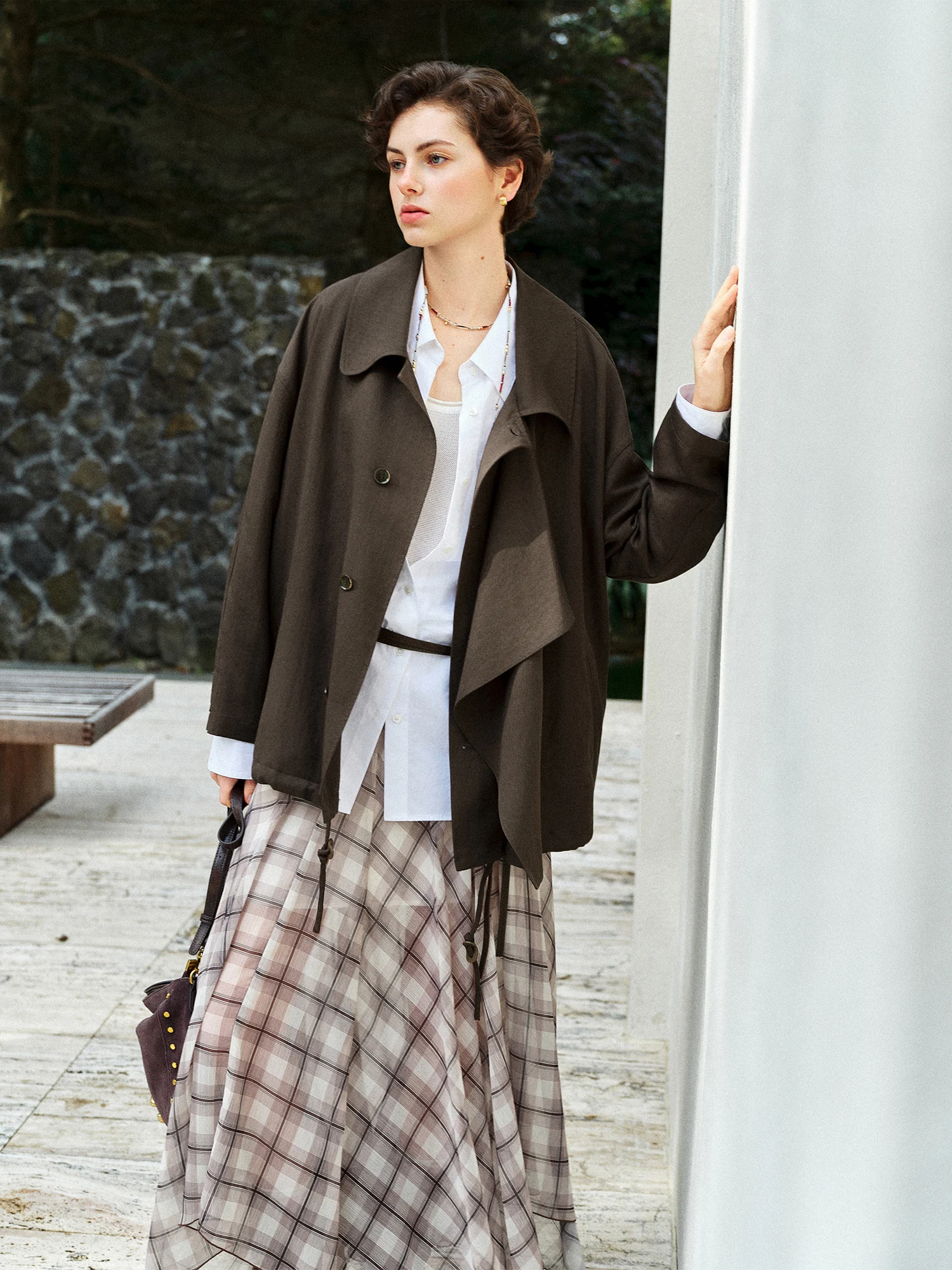 FSLE Relaxed Drawstring Turned-Up Collar Jacket for Women Spring 2026 New Arrival Long-Sleeve Top Lyocell Chestnut Brown Jackets