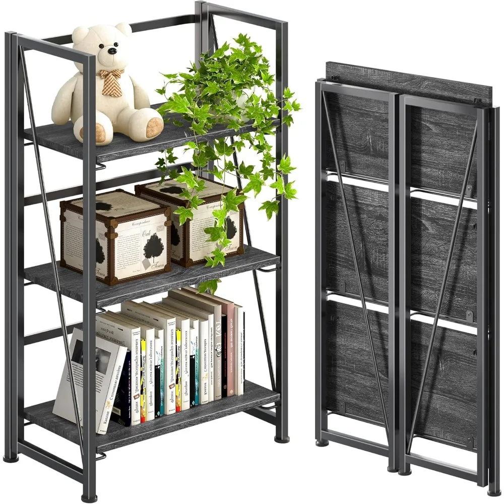 

No-Assembly Folding Bookshelf Storage Shelves 3 Tiers Vintage Bookcase Standing Racks Study Organizer Home Office (Gray Blac