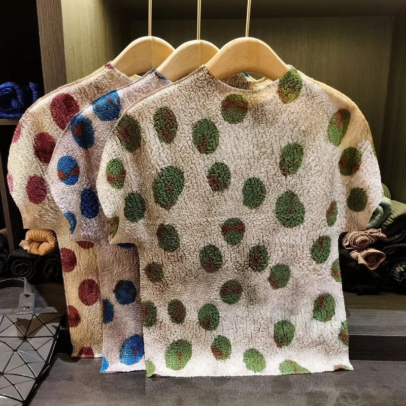

Miyake Pleated T-Shirt 2026 Summer New Polka Dot Print Fashion Slim Fit Short Sleeve Top Women's Lightweight Stretchy Clothing