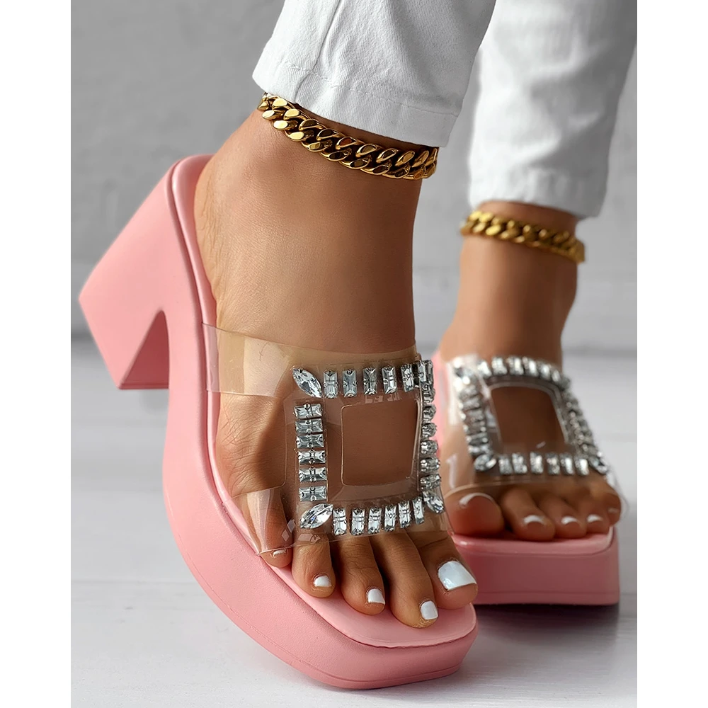 

Summer Fashion Women Clear Strap Chunky Heeled Sandals Lady Sexy Rhinestone Decor Going Out Sandals Platform Shoes Party Heels